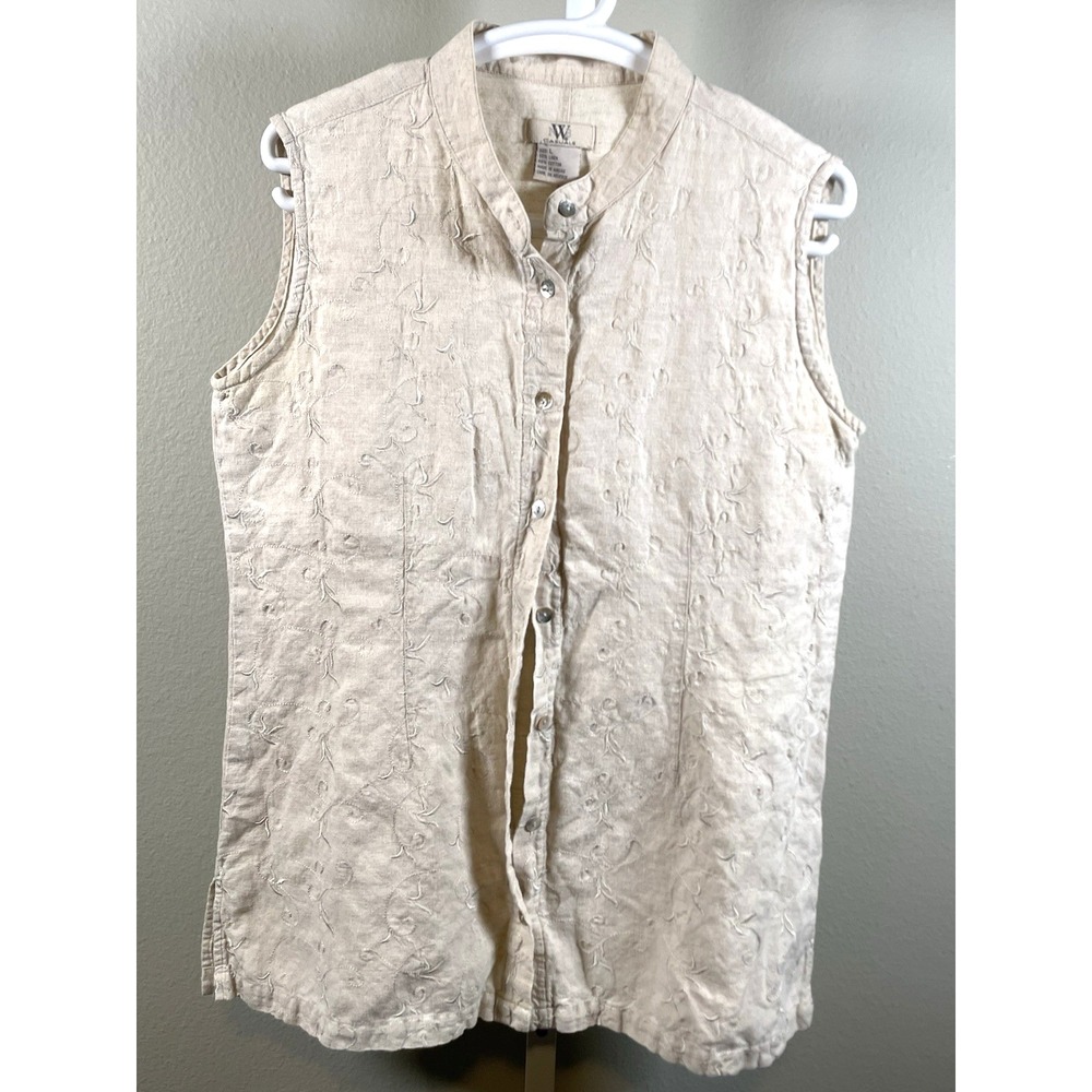 NW3 Casuals Linen Sleeveless Button‎ Up Shirt Large Embroidered Tank Top Beige